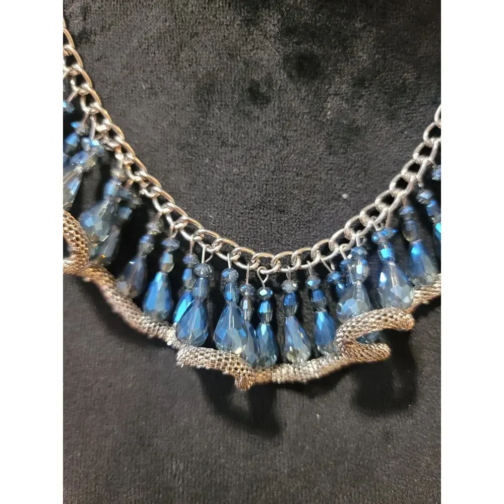 Women's Silver Tone Blue Faceted Crystal Bib Necklace Statement Fashion Jewelry - Picture 3 of 7